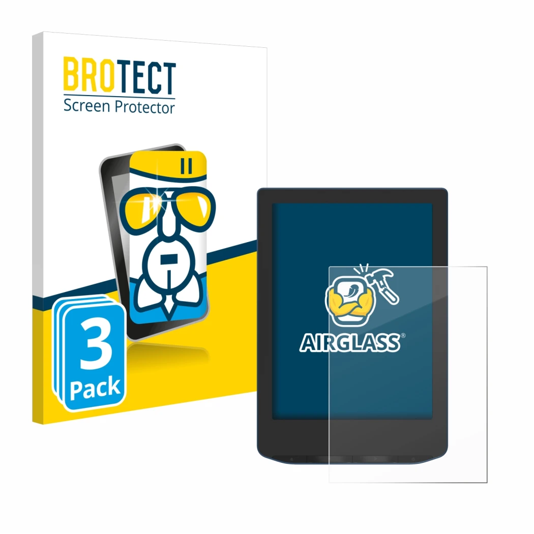 Front side of a product packaging with the brand logo BROTECT. Next to it is the device PocketBook Verse Pro shown with the co