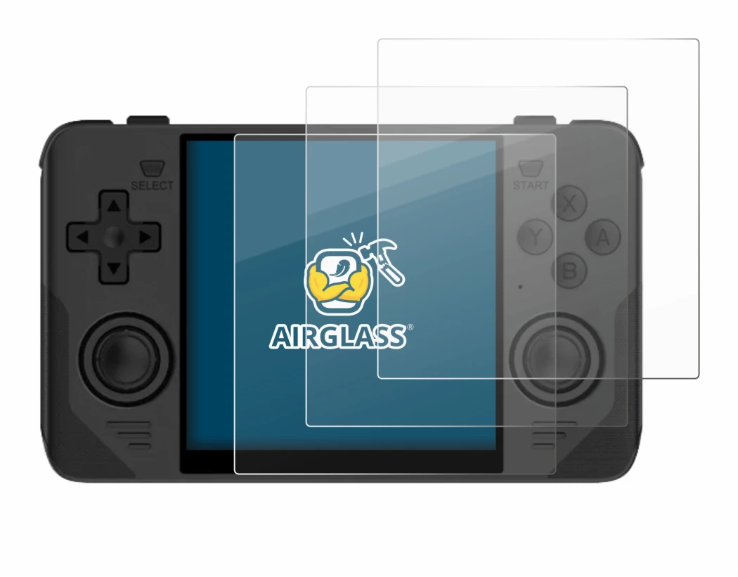 Image of the device Powkiddy RGB30 with a wide variety of screen protectors.