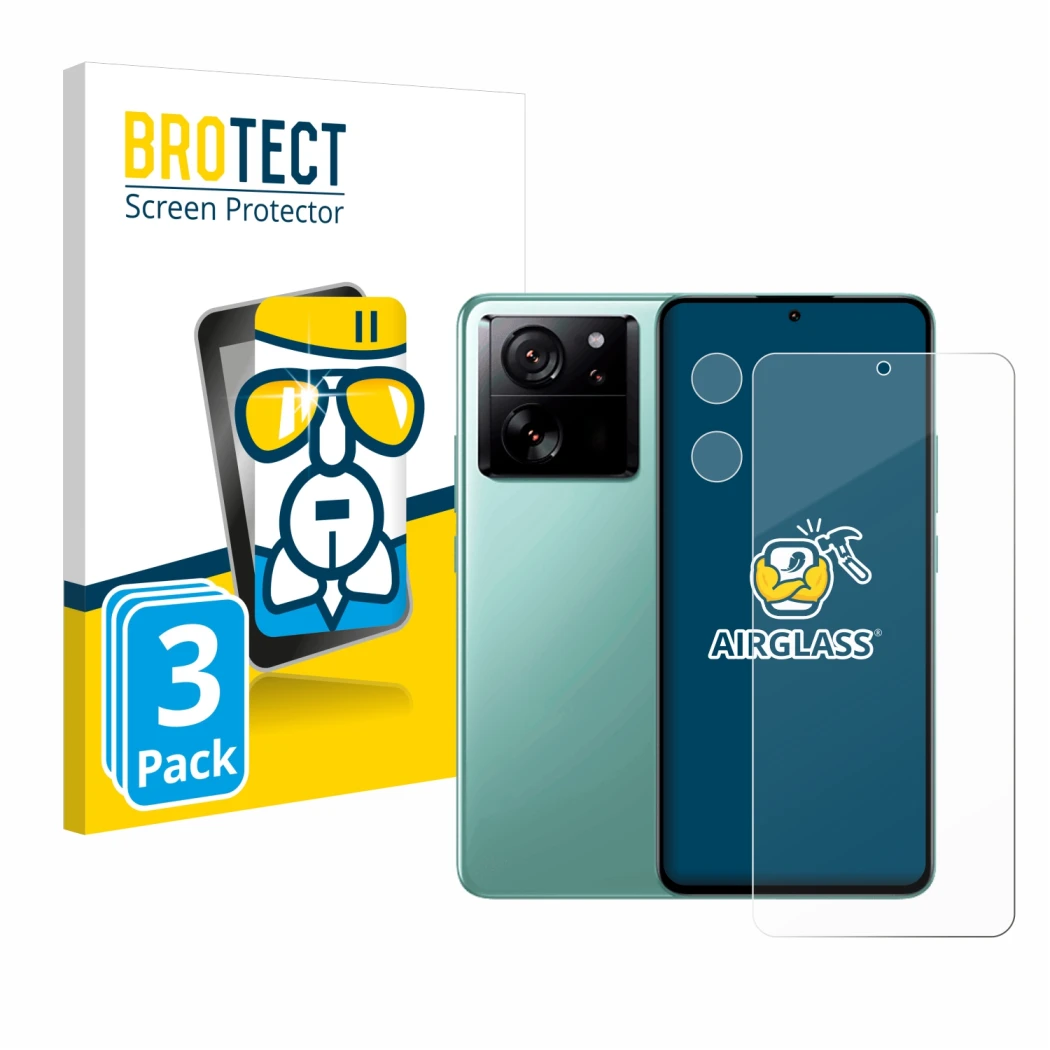 Front side of a product packaging with the brand logo BROTECT. Next to it is the device Xiaomi 13T (Front+Camera) shown with t