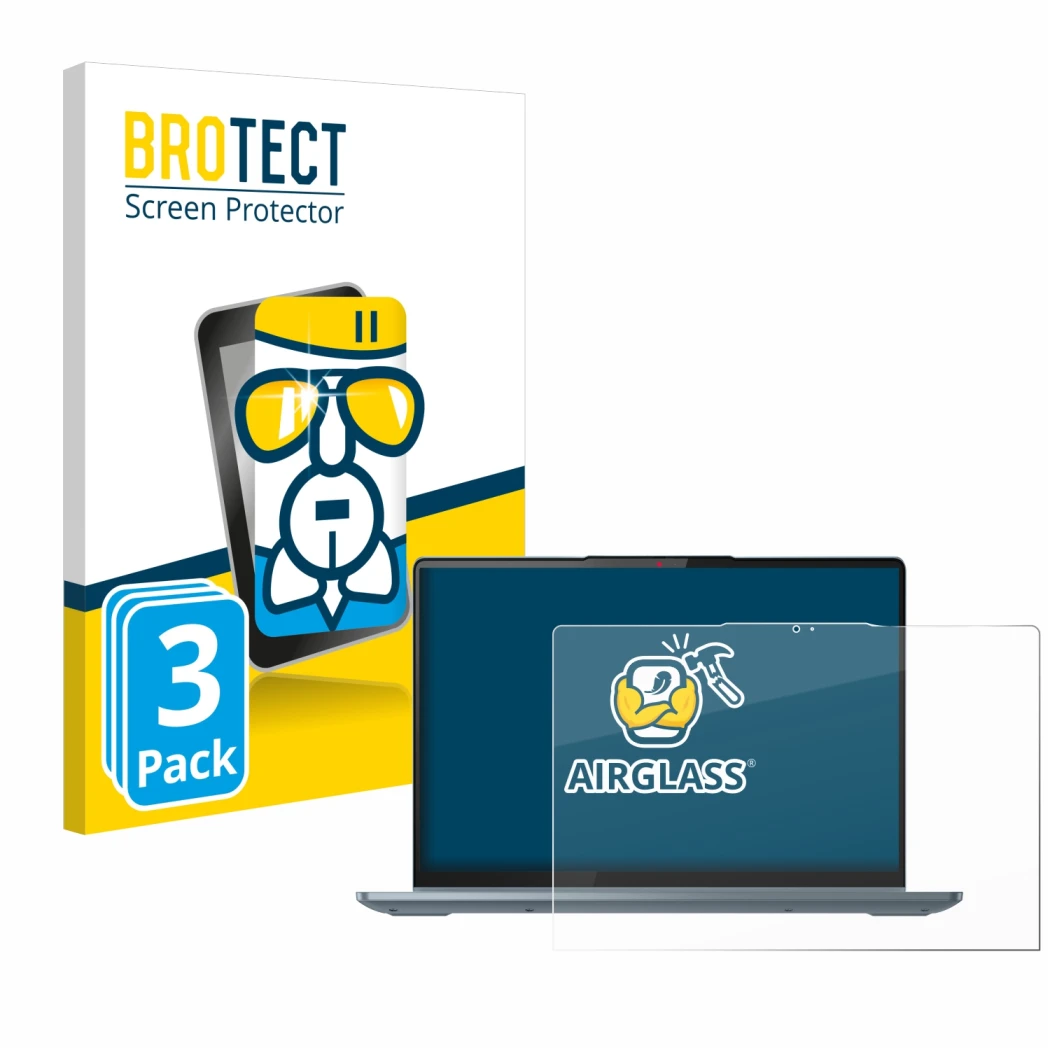 Front side of a product packaging with the brand logo BROTECT. Next to it is the device Lenovo IdeaPad Flex 5 14