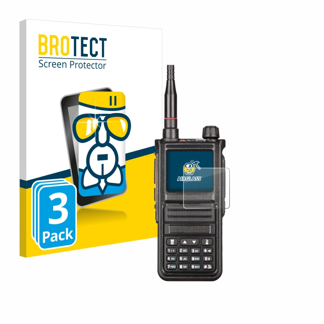 Front side of a product packaging with the brand logo BROTECT. Next to it is the device Radtel RT-470X shown with the correspo