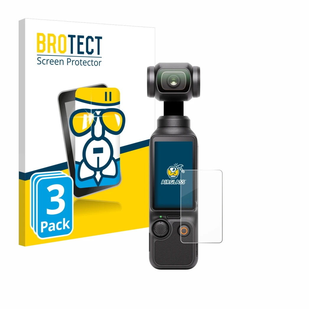Front side of a product packaging with the brand logo BROTECT. Next to it is the device DJI Osmo Pocket 3 shown with the corre