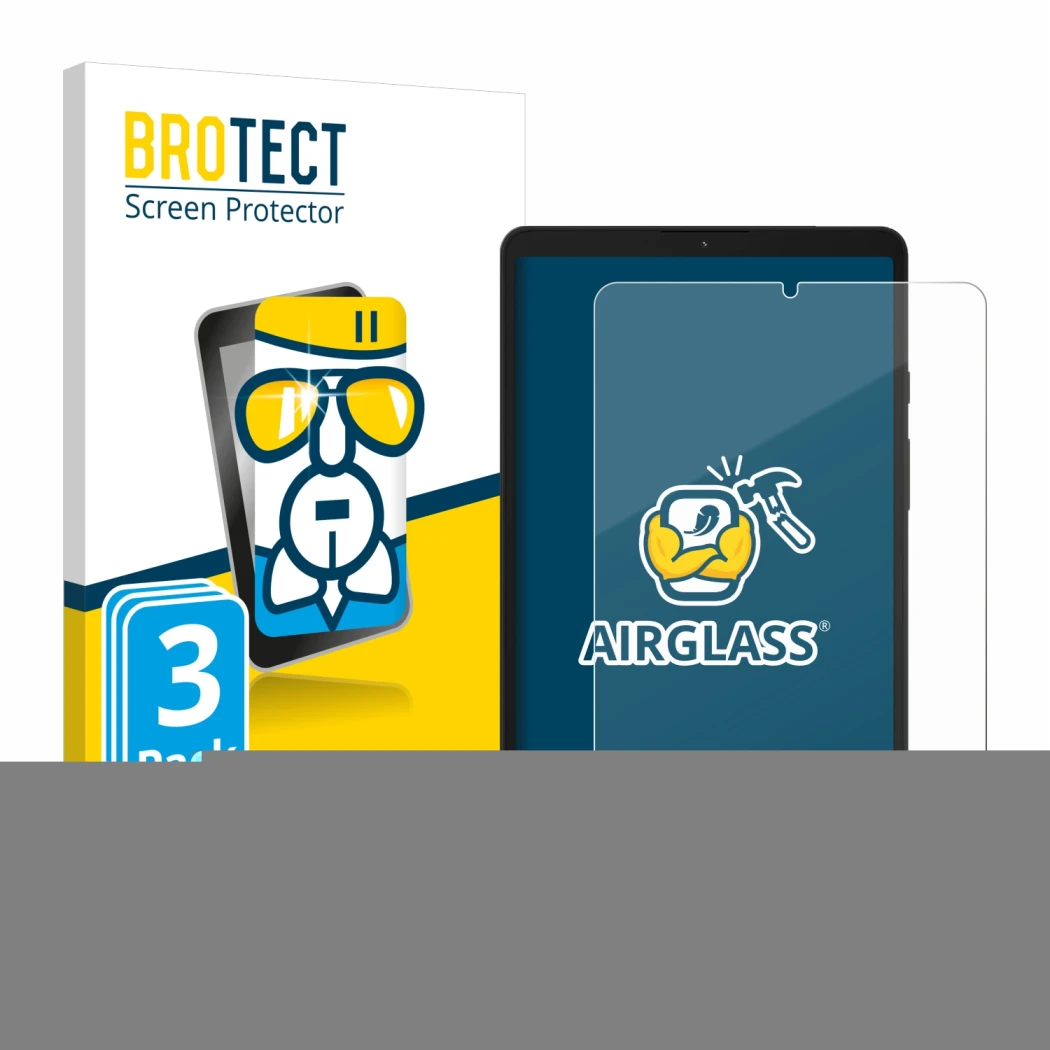 Front side of a product packaging with the brand logo BROTECT. Next to it is the device Samsung Galaxy Tab A9 LTE shown with t