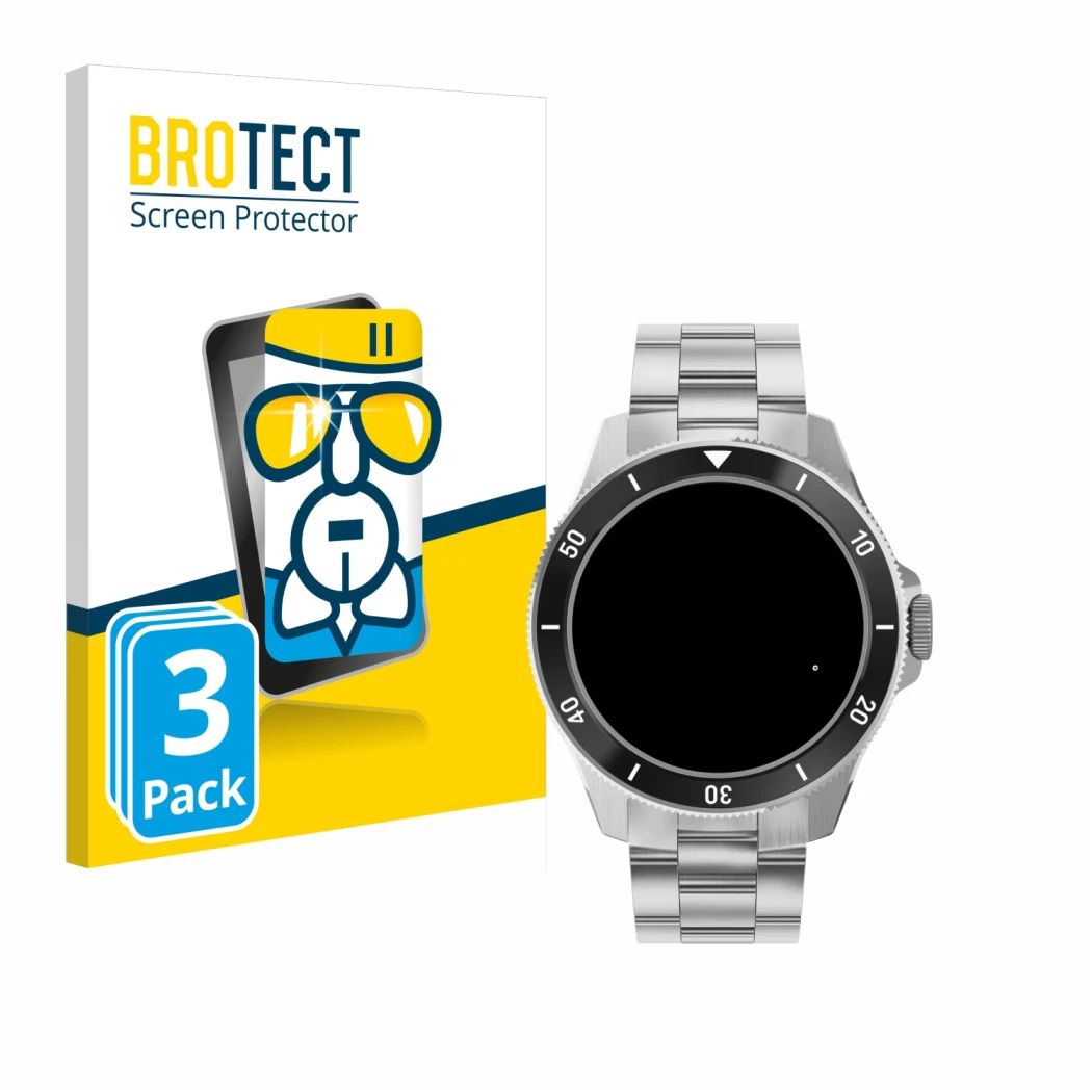 Front side of a product packaging with the brand logo BROTECT. Next to it is the device Withings ScanWatch Nova (42 mm) shown