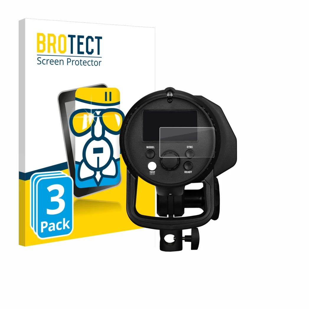 Front side of a product packaging with the brand logo BROTECT. Next to it is the device Profoto B1X shown with the correspondi