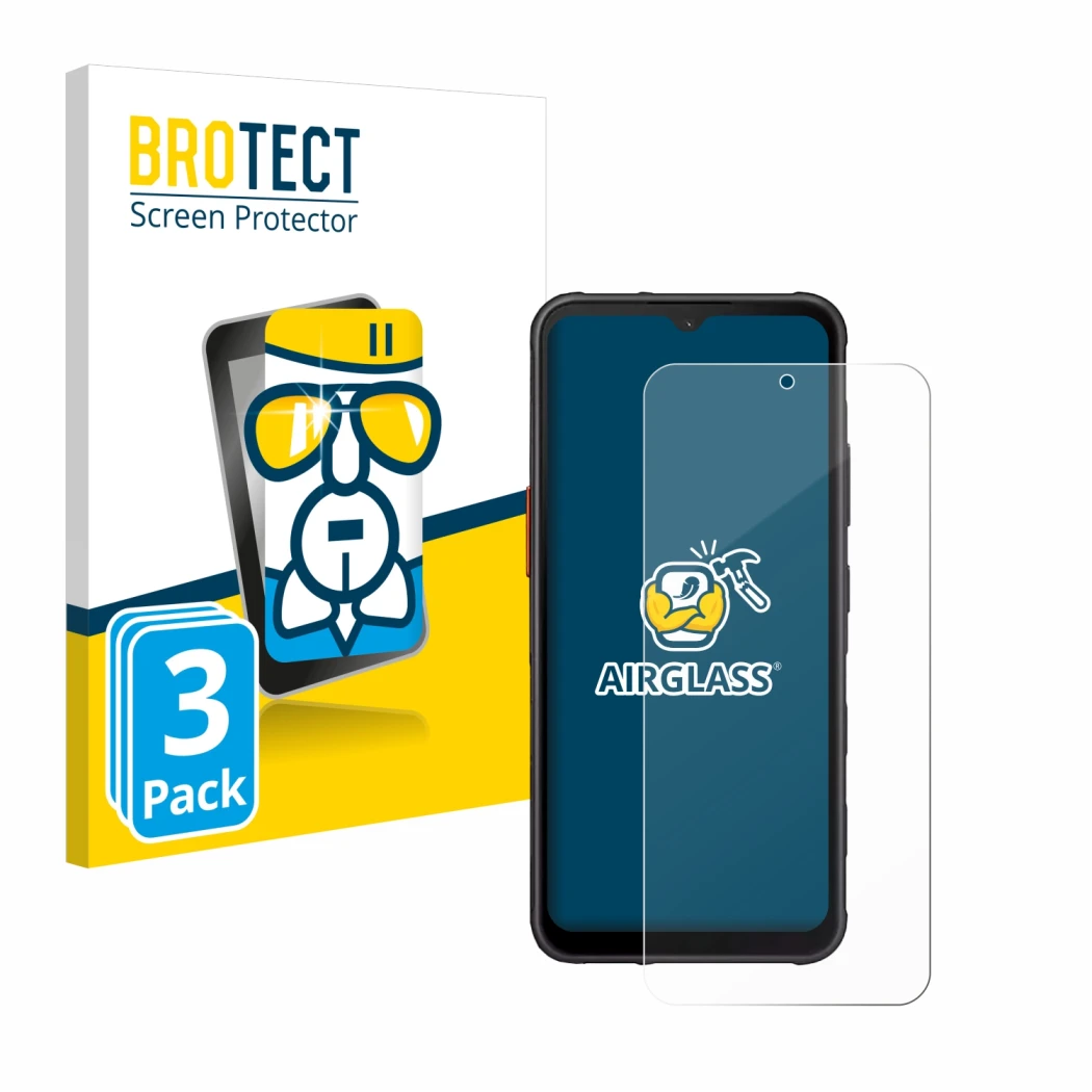 Front side of a product packaging with the brand logo BROTECT. Next to it is the device Samsung Galaxy XCover 7 shown with the