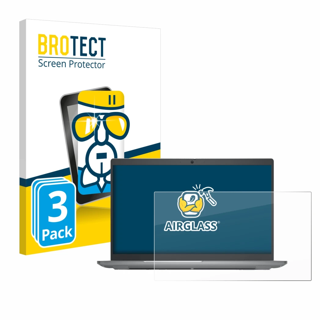 Front side of a product packaging with the brand logo BROTECT. Next to it is the device Dell Latitude 5540 shown with the corr