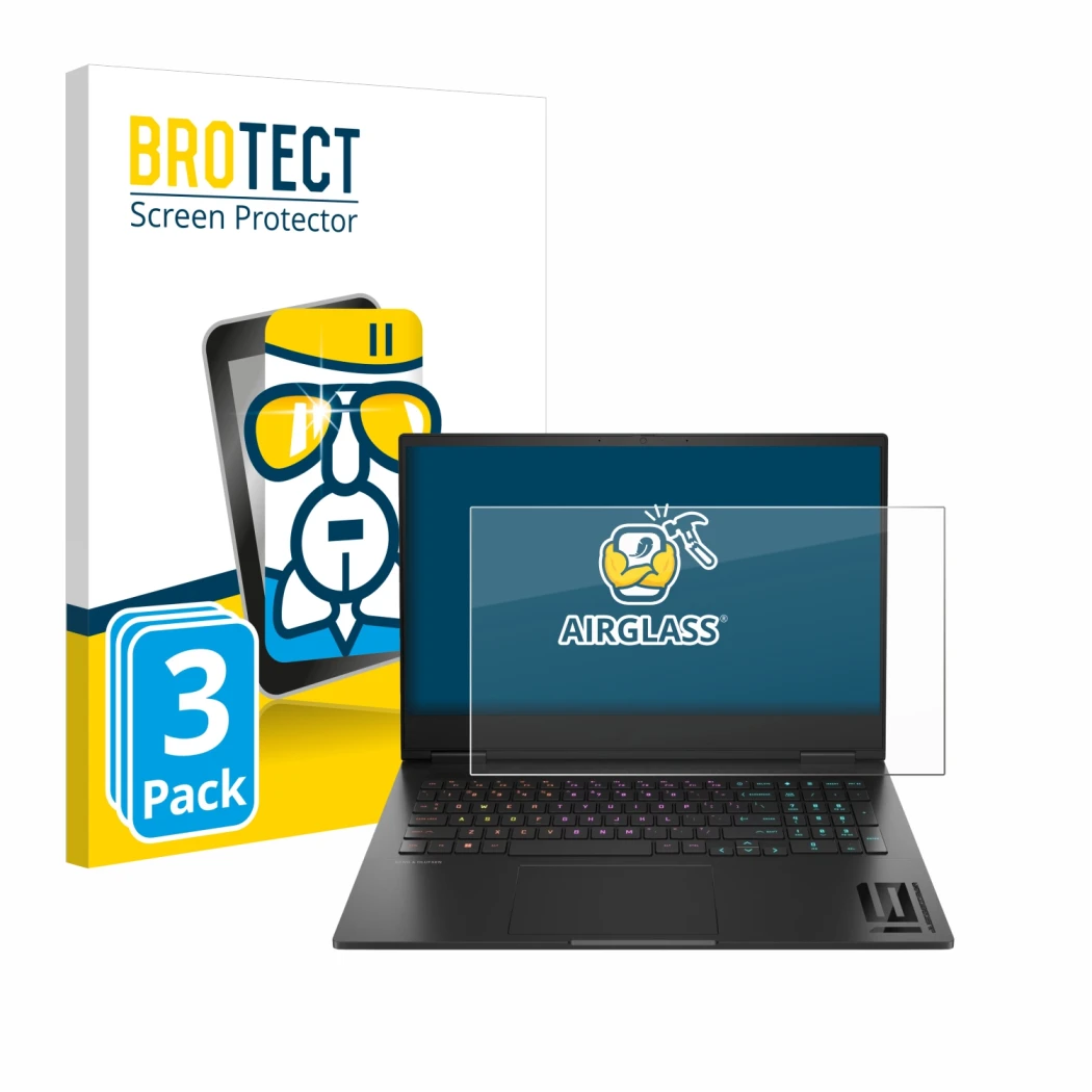 Front side of a product packaging with the brand logo BROTECT. Next to it is the device HP Omen 16 2024 shown with the corresp