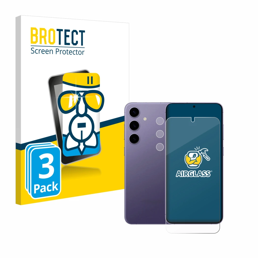 Front side of a product packaging with the brand logo BROTECT. Next to it is the device Samsung Galaxy S24 Plus (Front+Camera)