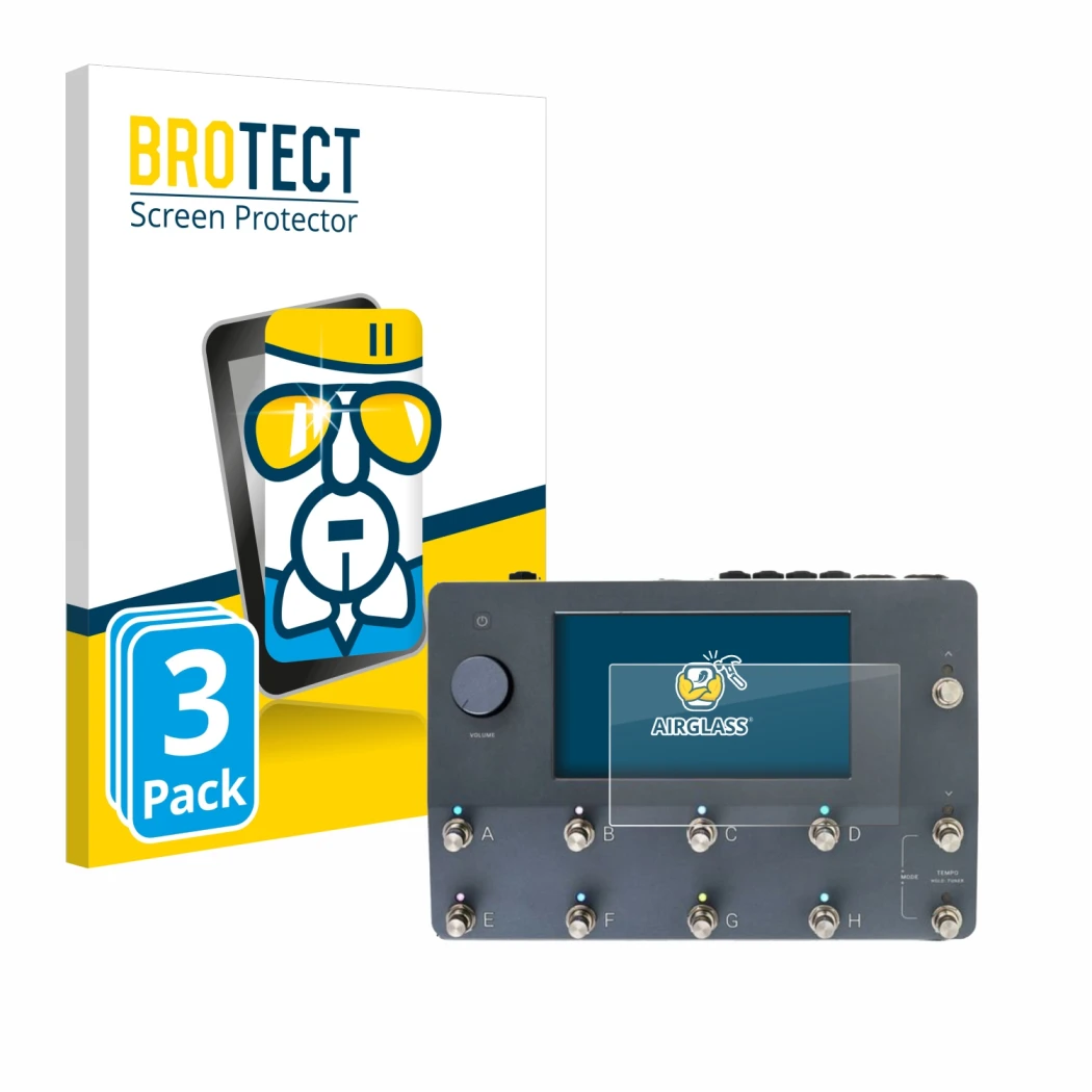Front side of a product packaging with the brand logo BROTECT. Next to it is the device Neural DSP Quad Cortex shown with the