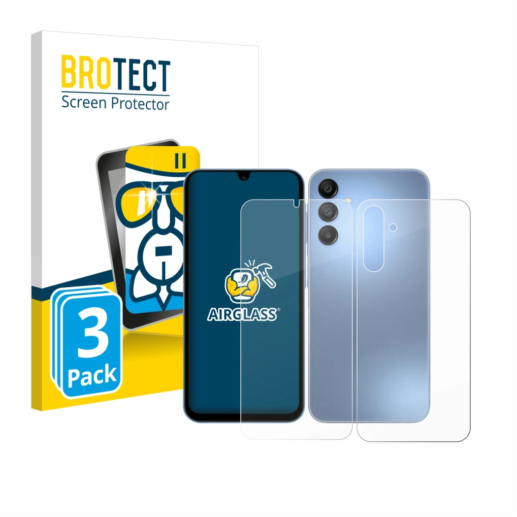 Front side of a product packaging with the brand logo BROTECT. Next to it is the device Samsung Galaxy A15 (Front+Back) shown