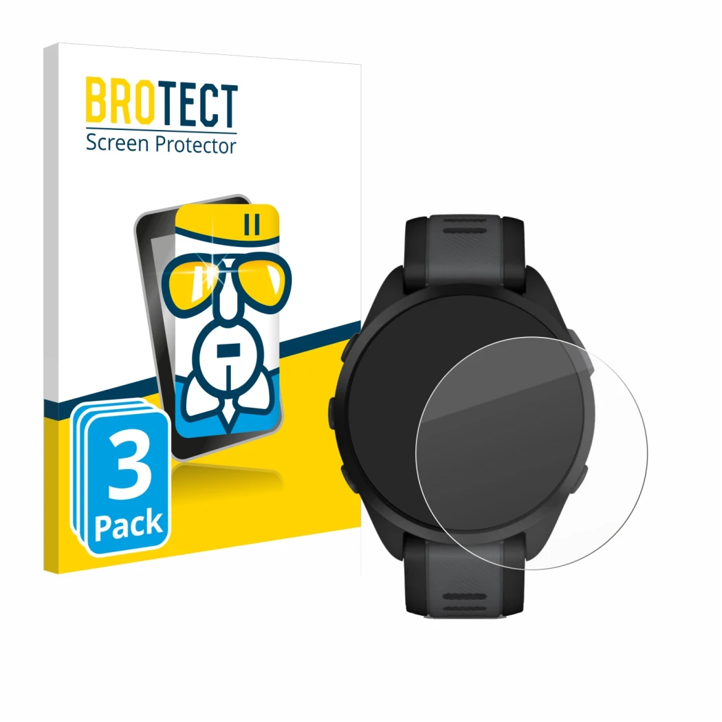 Front side of a product packaging with the brand logo BROTECT. Next to it is the device Garmin Forerunner 165 shown with the c