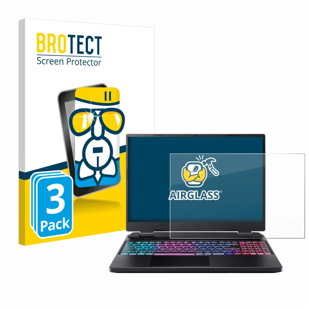 Front side of a product packaging with the brand logo BROTECT. Next to it is the device Acer Predator Helios Neo 16 shown with