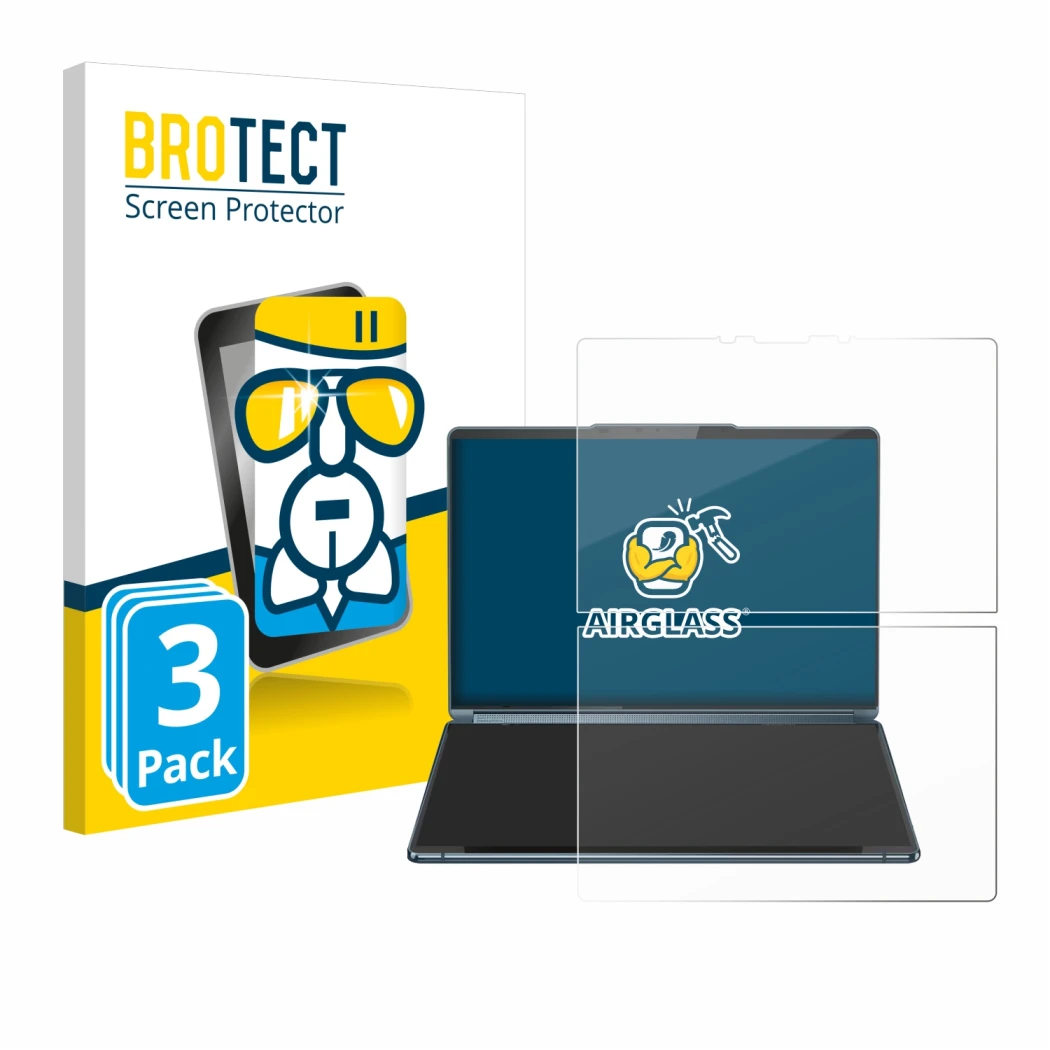 Front side of a product packaging with the brand logo BROTECT. Next to it is the device Lenovo Yoga Book 9i Gen 9 shown with t