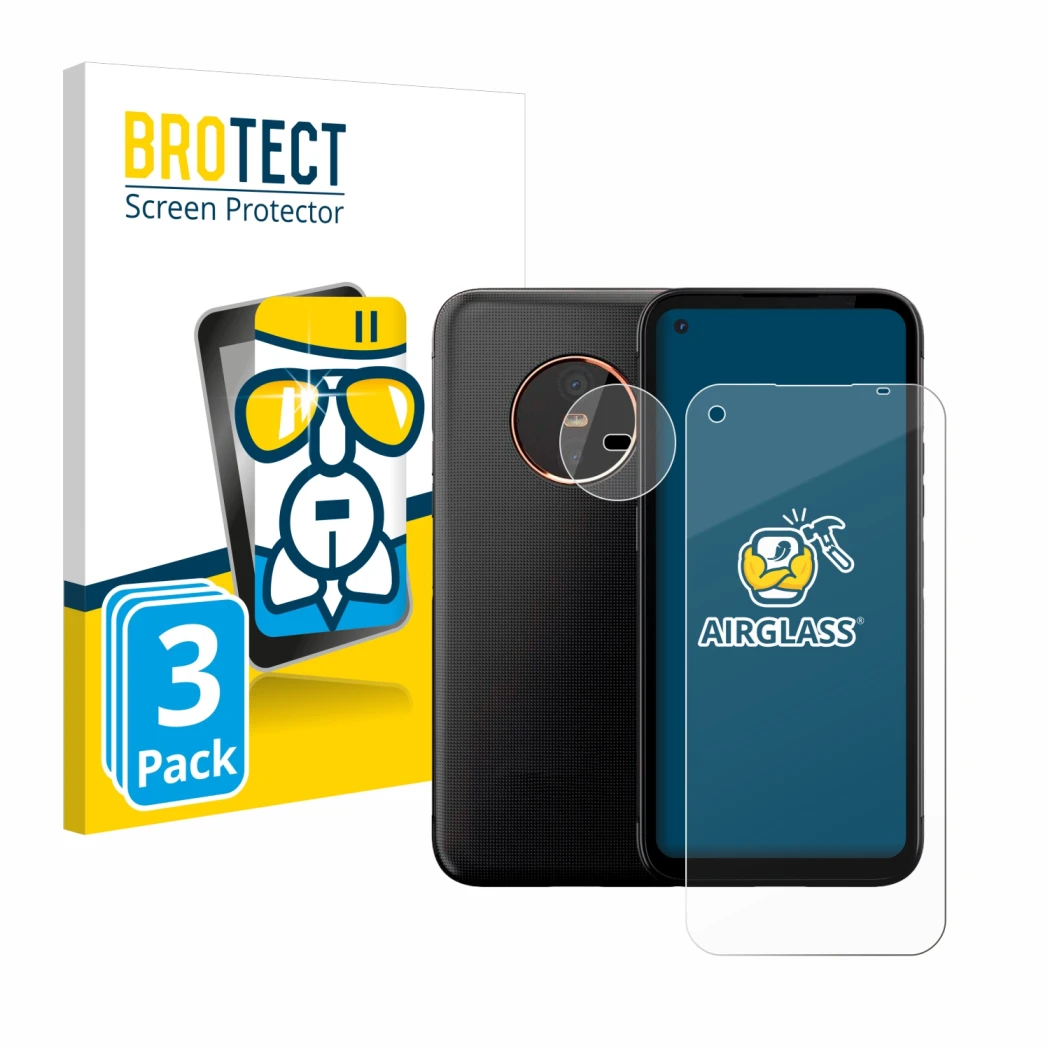 Front side of a product packaging with the brand logo BROTECT. Next to it is the device Gigaset GX6 Pro (Front+Camera) shown w