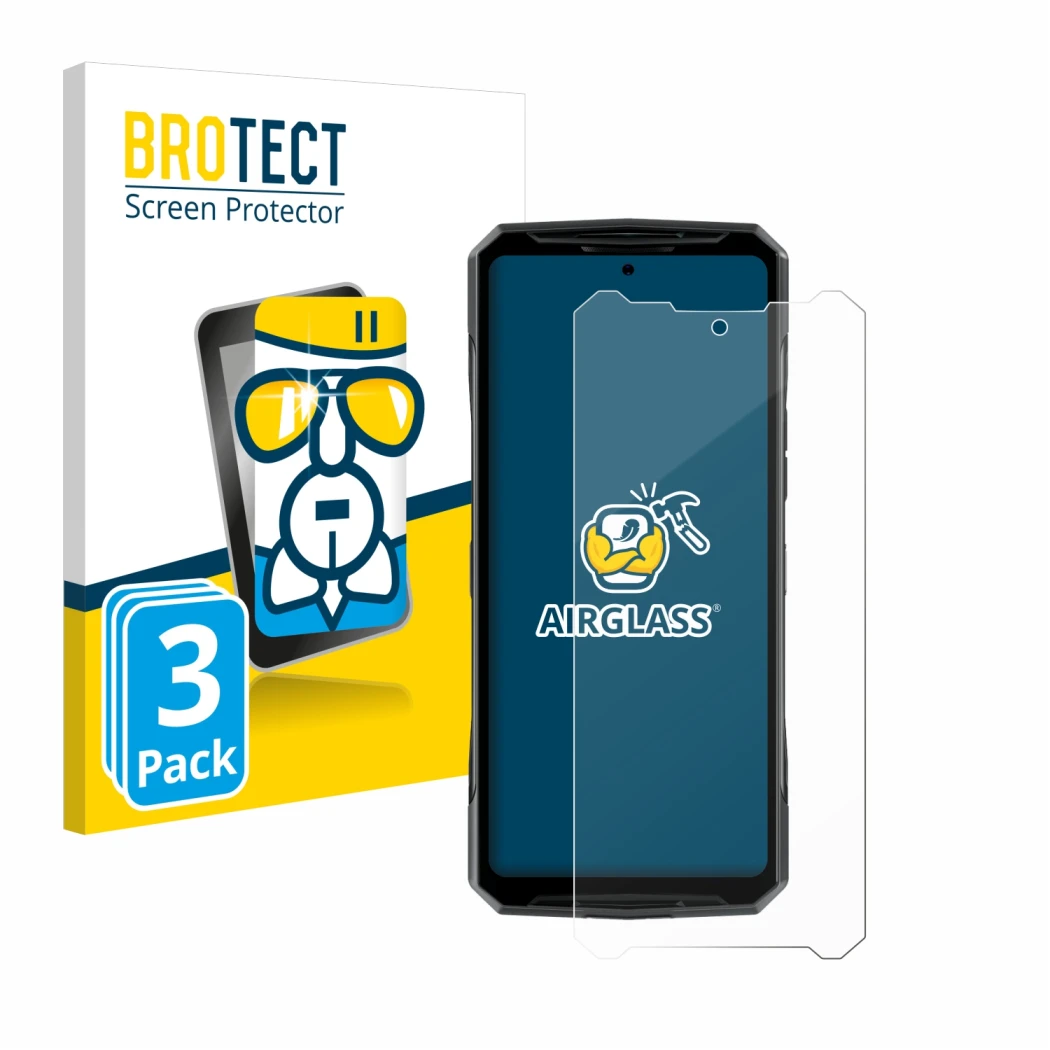 Front side of a product packaging with the brand logo BROTECT. Next to it is the device Doogee DK10 shown with the correspondi