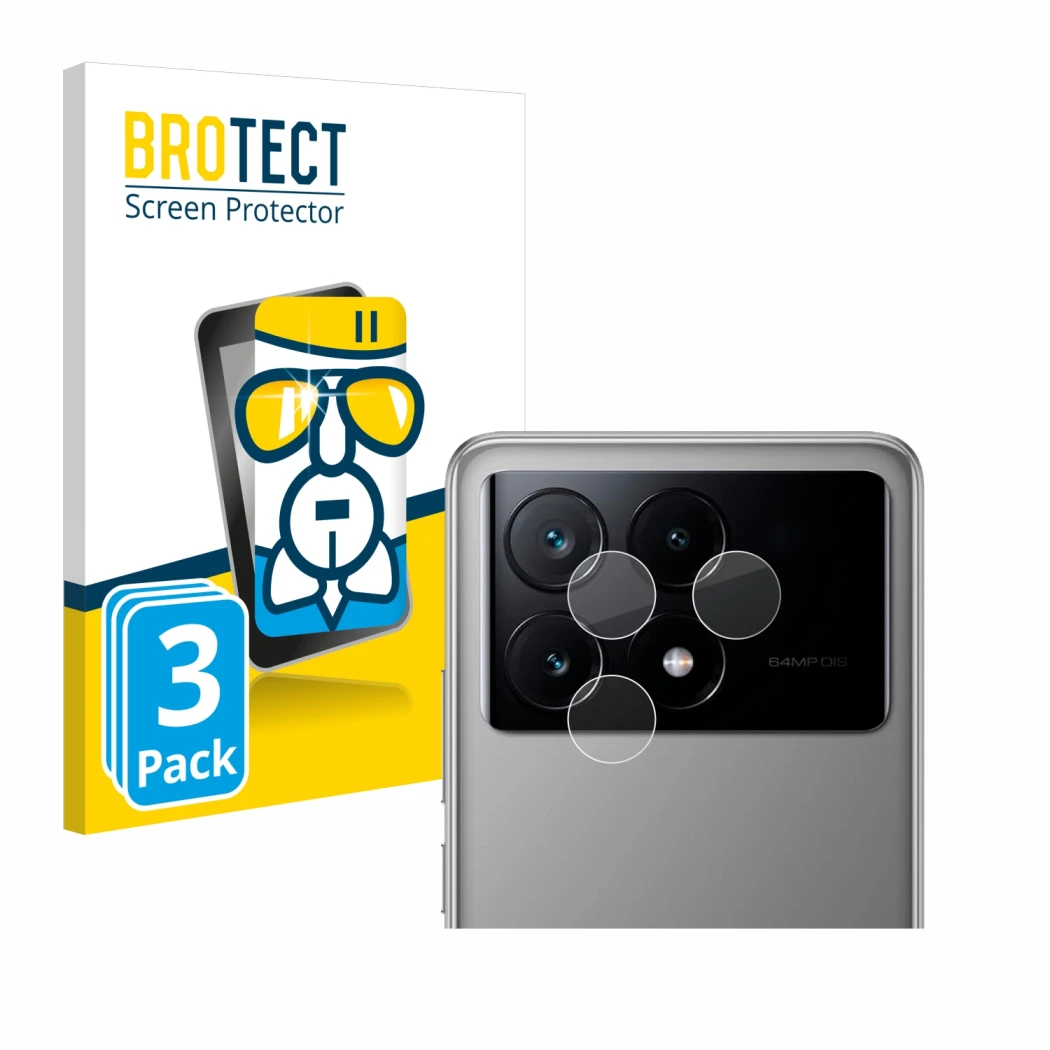 Front side of a product packaging with the brand logo BROTECT. Next to it is the device Xiaomi Poco X6 Pro (ONLY Camera Lens)