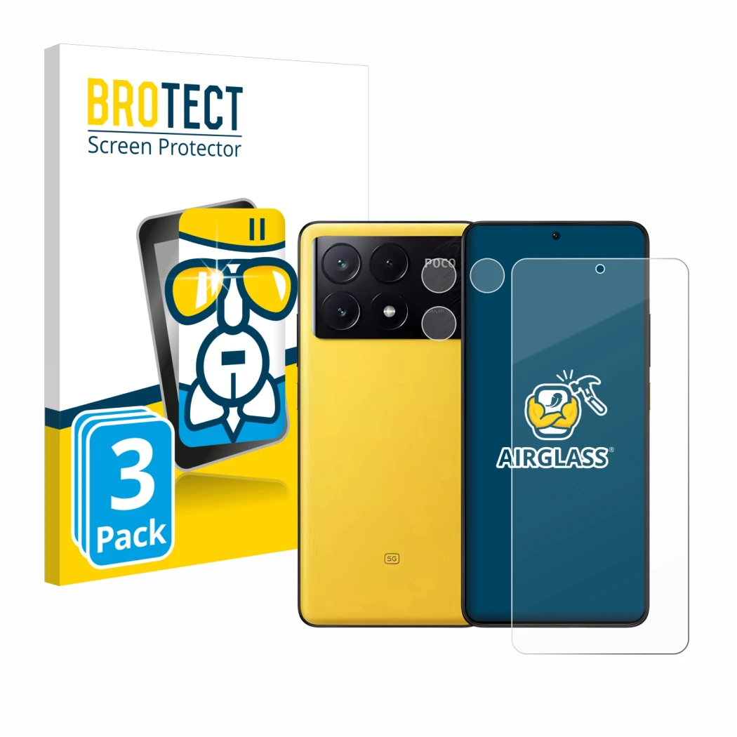 Front side of a product packaging with the brand logo BROTECT. Next to it is the device Xiaomi Poco X6 Pro (Front+Camera) show