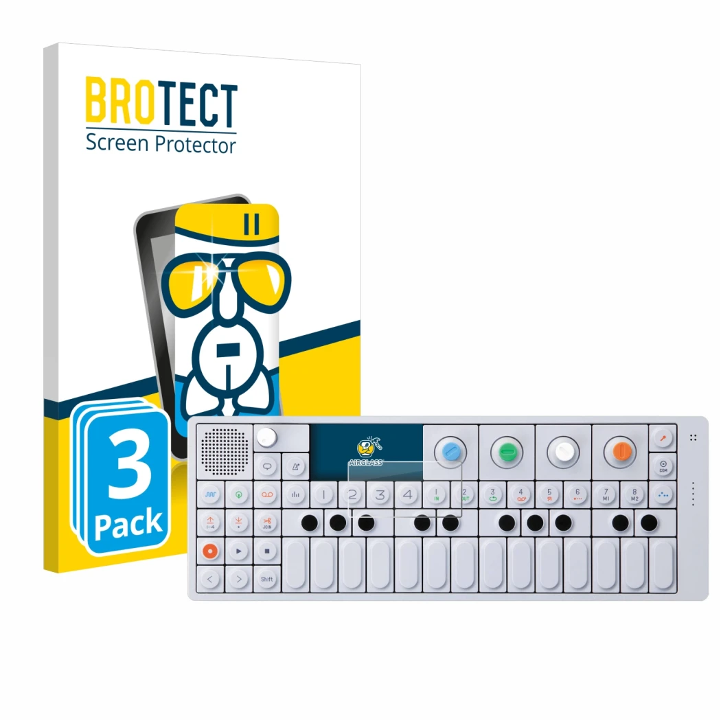 Front side of a product packaging with the brand logo BROTECT. Next to it is the device Teenage Engineering OP-1 Sampler & Con