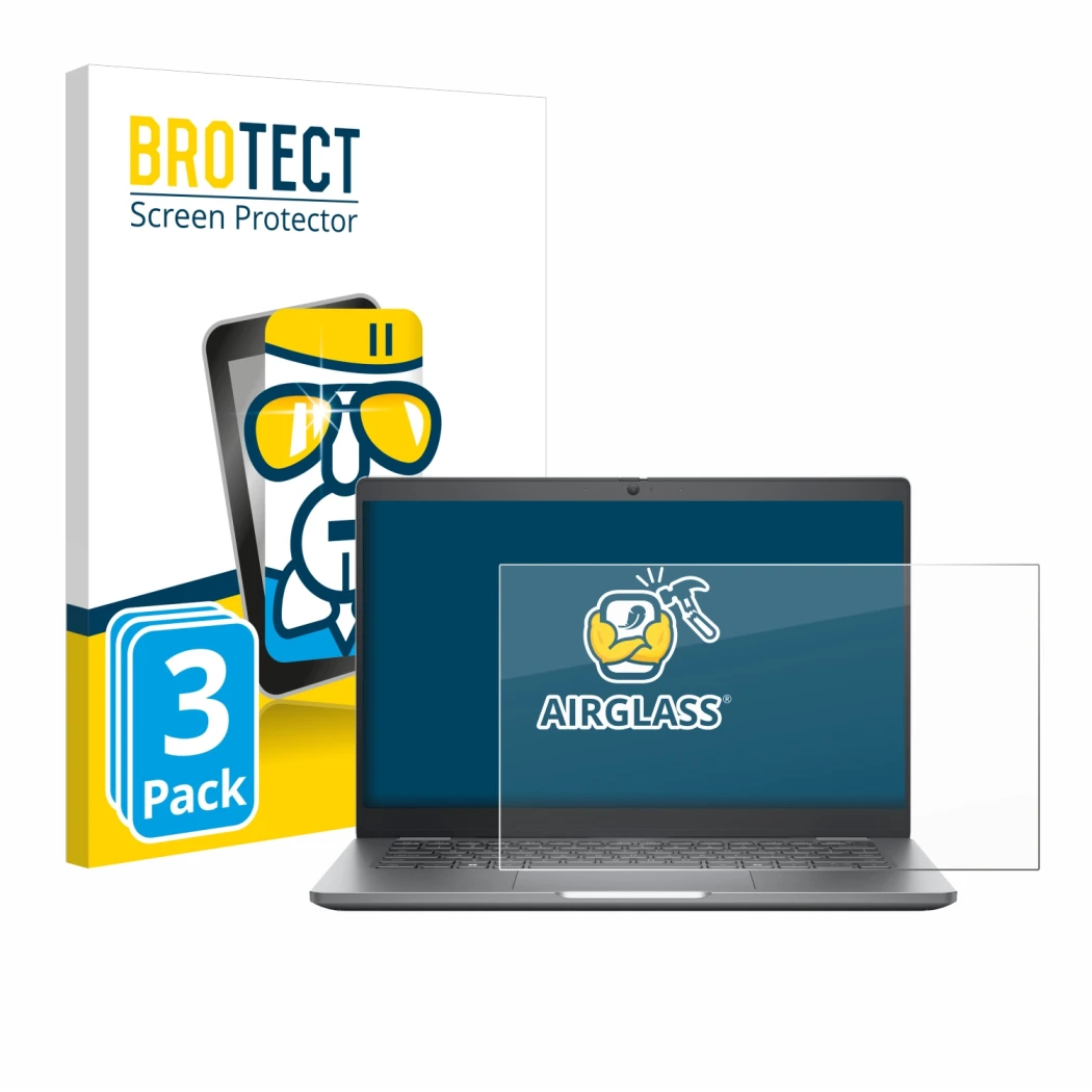 Front side of a product packaging with the brand logo BROTECT. Next to it is the device Dell Latitude 5350 Laptop shown with t