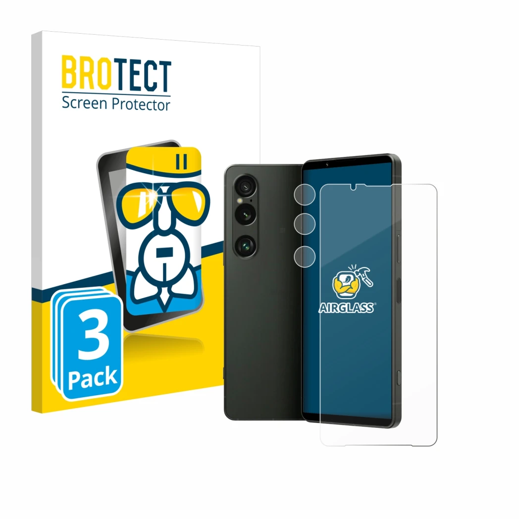 Front side of a product packaging with the brand logo BROTECT. Next to it is the device Sony Xperia 1 VI (Front+Camera) shown