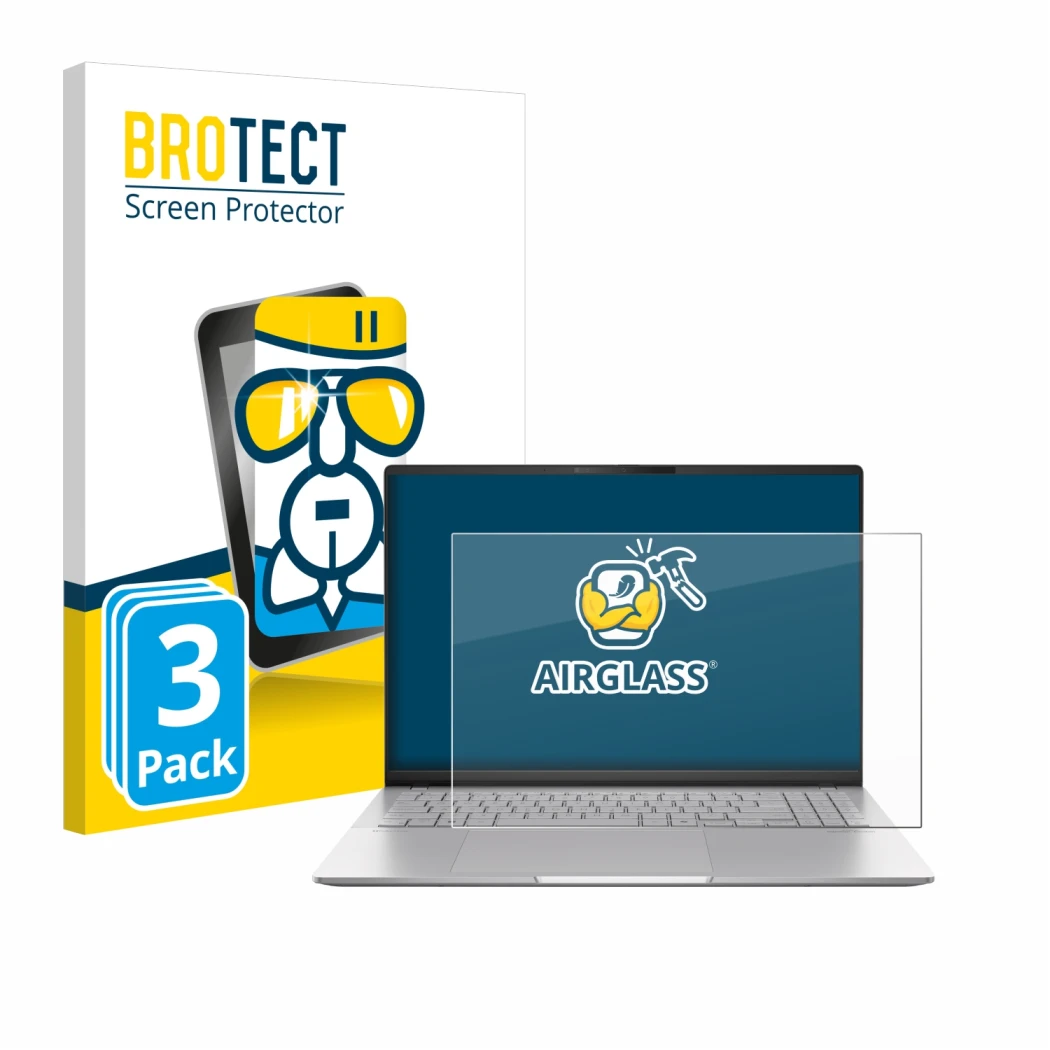 Front side of a product packaging with the brand logo BROTECT. Next to it is the device ASUS Vivobook S16 OLED M5606 shown wit