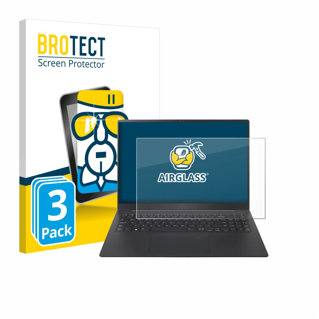 Front side of a product packaging with the brand logo BROTECT. Next to it is the device LG gram Pro 16 2024 shown with the cor