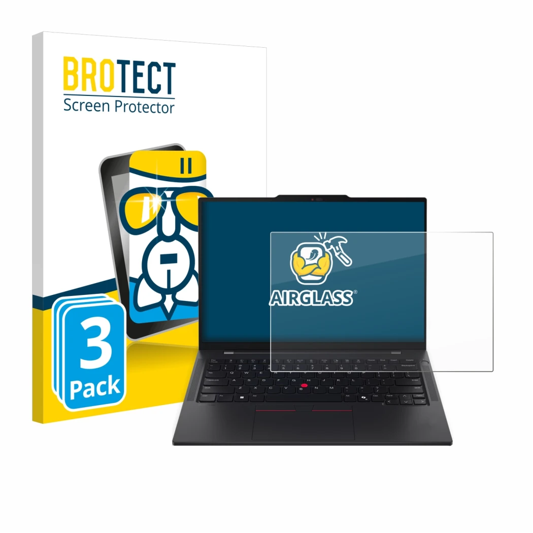 Front side of a product packaging with the brand logo BROTECT. Next to it is the device Lenovo ThinkPad T14s Gen 6 shown with 