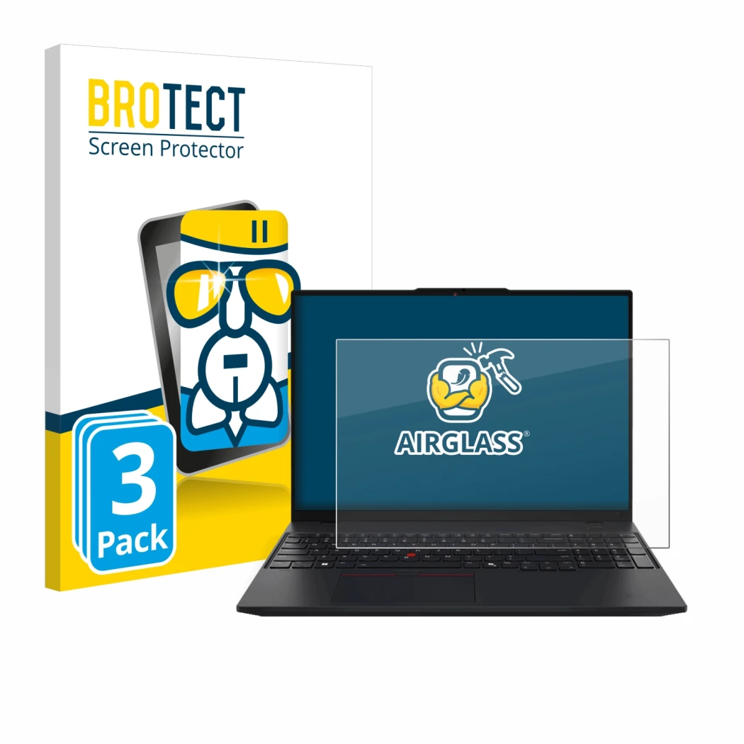 Front side of a product packaging with the brand logo BROTECT. Next to it is the device Lenovo ThinkPad L16 Gen 1 shown with t