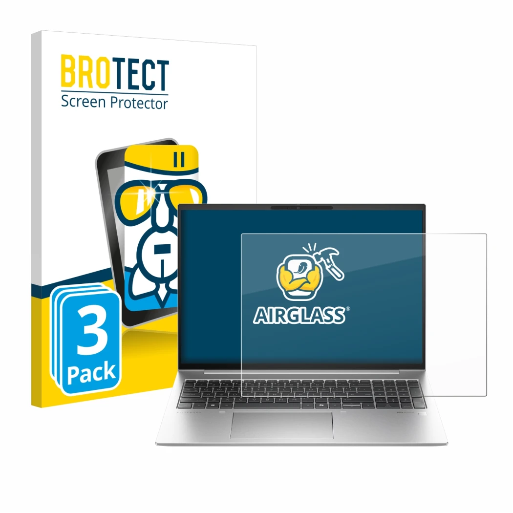 Front side of a product packaging with the brand logo BROTECT. Next to it is the device HP EliteBook 840 G11 shown with the co