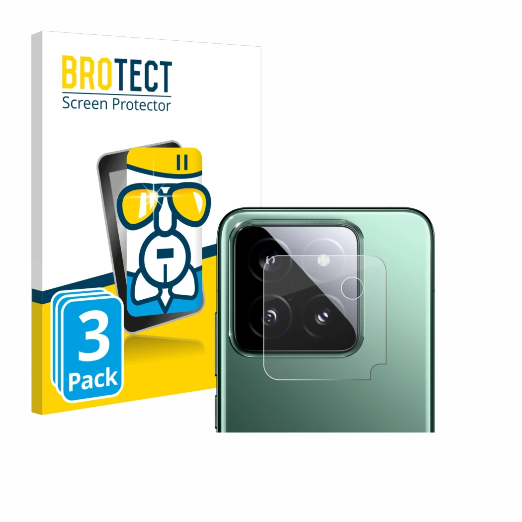 Front side of a product packaging with the brand logo BROTECT. Next to it is the device Xiaomi 14 (ONLY Camera Lens) shown wit