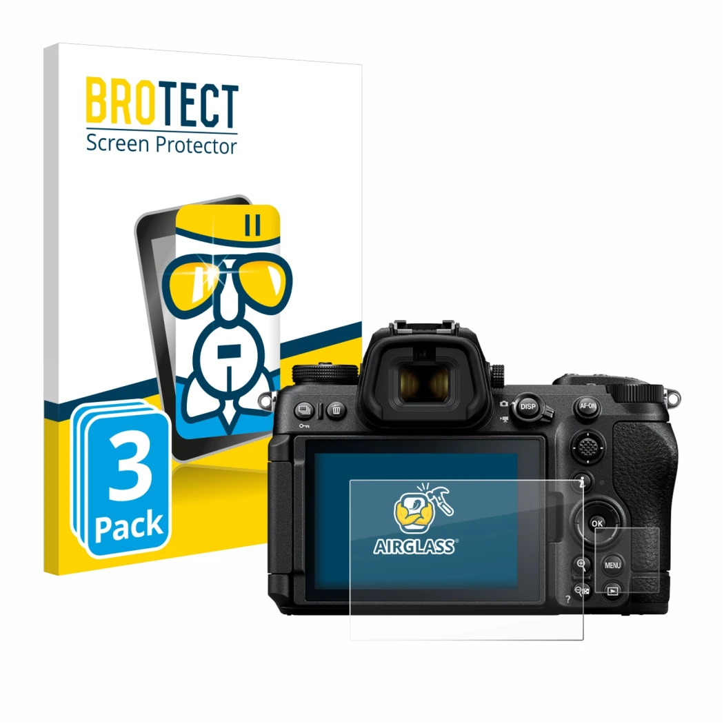 Front side of a product packaging with the brand logo BROTECT. Next to it is the device Nikon Z6 III shown with the correspond