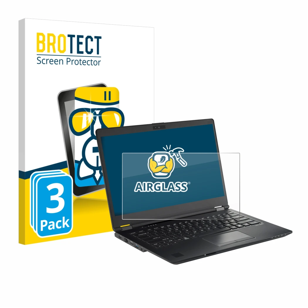 Front side of a product packaging with the brand logo BROTECT. Next to it is the device Fujitsu Lifebook U7410 shown with the 