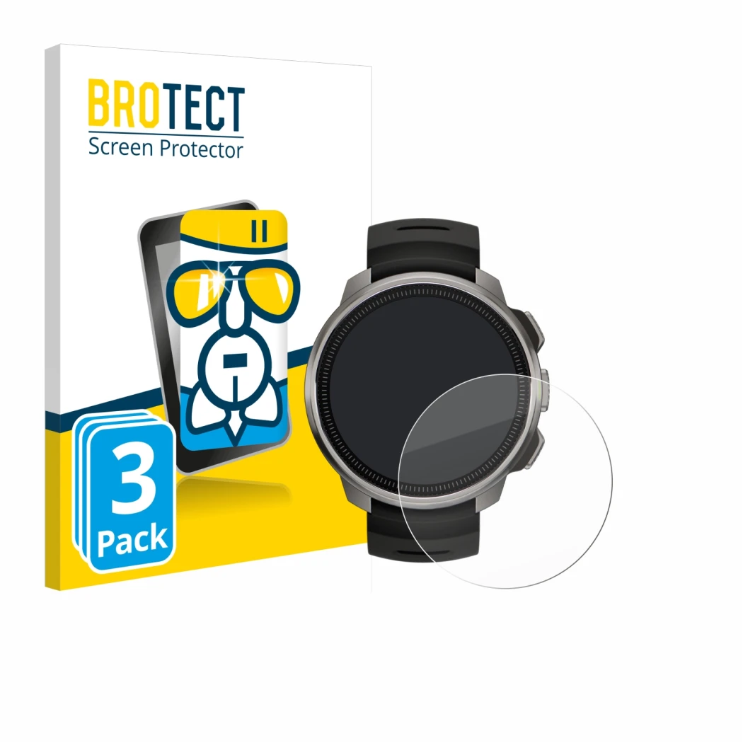 Front side of a product packaging with the brand logo BROTECT. Next to it is the device Suunto Ocean shown with the correspond