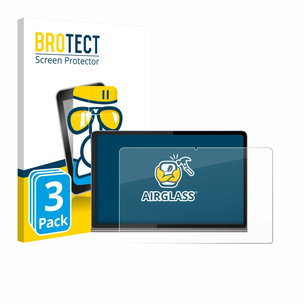 Front side of a product packaging with the brand logo BROTECT. Next to it is the device Lenovo Tab Plus shown with the corresp