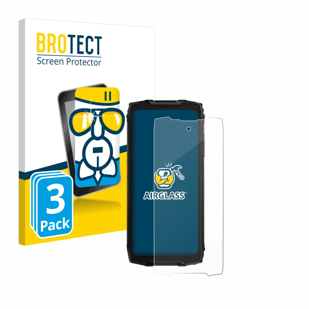 Front side of a product packaging with the brand logo BROTECT. Next to it is the device Blackview BV9300 Pro shown with the co