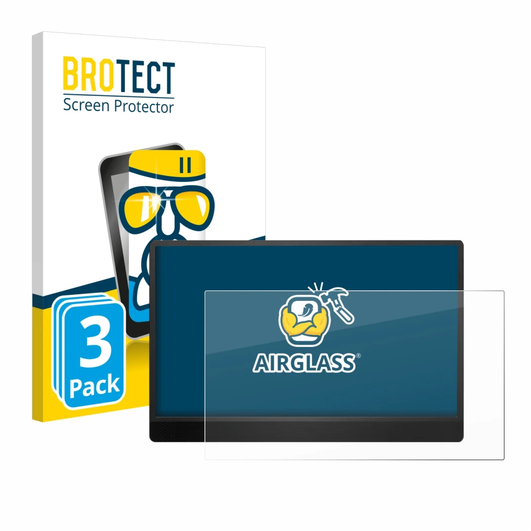 Front side of a product packaging with the brand logo BROTECT. Next to it is the device MSI Pro MP161 E2 shown with the corres