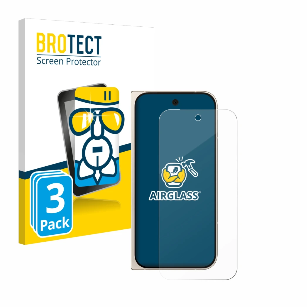 Front side of a product packaging with the brand logo BROTECT. Next to it is the device Google Pixel 9 Pro Fold shown with the