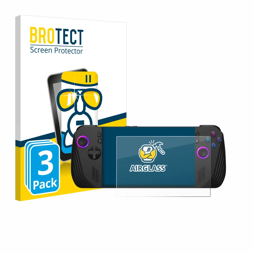 Front side of a product packaging with the brand logo BROTECT. Next to it is the device ASUS ROG Ally X (2024) shown with the 