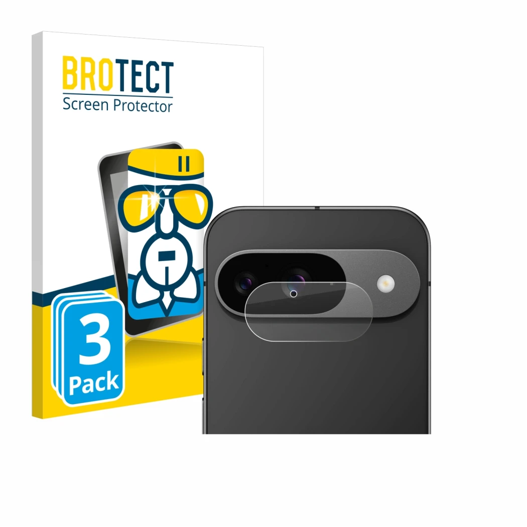 Front side of a product packaging with the brand logo BROTECT. Next to it is the device Google Pixel 9 (ONLY Camera Lens) show