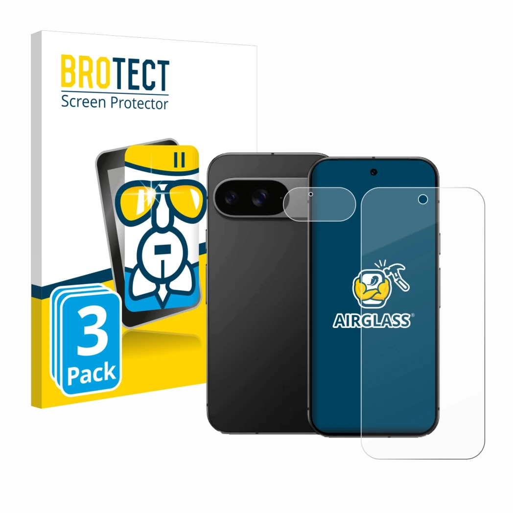 Front side of a product packaging with the brand logo BROTECT. Next to it is the device Google Pixel 9 (Front+Camera) shown wi