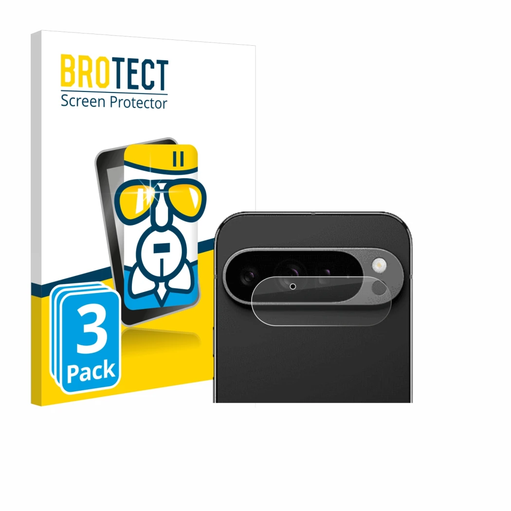 Front side of a product packaging with the brand logo BROTECT. Next to it is the device Google Pixel 9 Pro XL (ONLY Camera Len