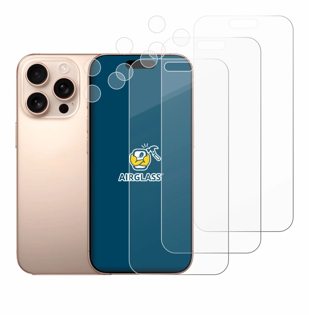 Image of the device Apple iPhone 16 Pro Max (Front+Camera) with a wide variety of screen protectors.