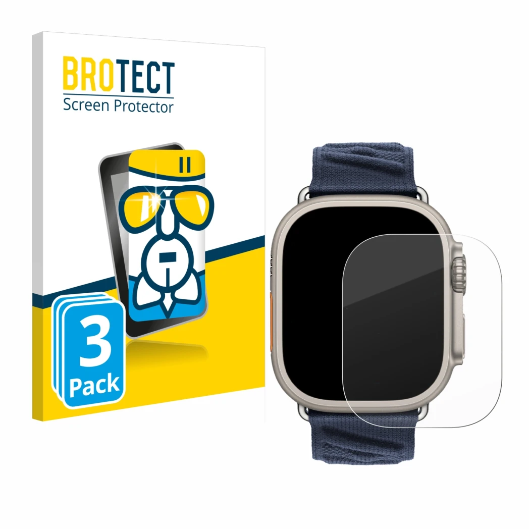 Front side of a product packaging with the brand logo BROTECT. Next to it is the device Apple Watch Hermès Ultra 2 shown with 
