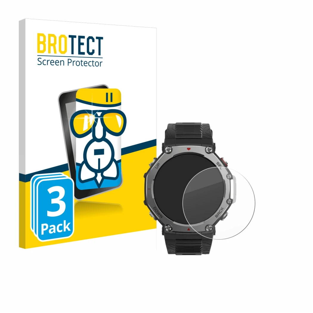 Front side of a product packaging with the brand logo BROTECT. Next to it is the device Huami Amazfit T-Rex 3 shown with the c