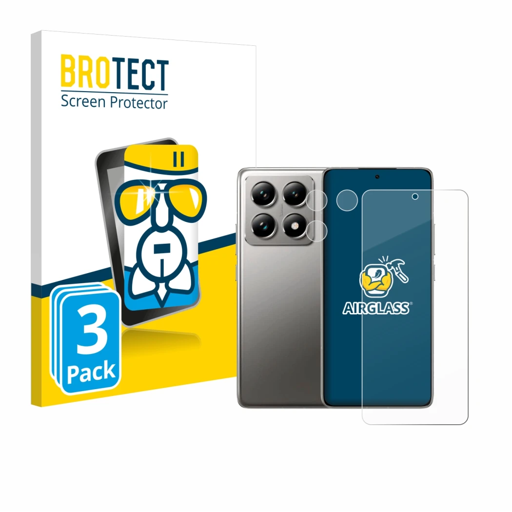 Front side of a product packaging with the brand logo BROTECT. Next to it is the device Xiaomi 14T Pro (Front+Camera) shown wi