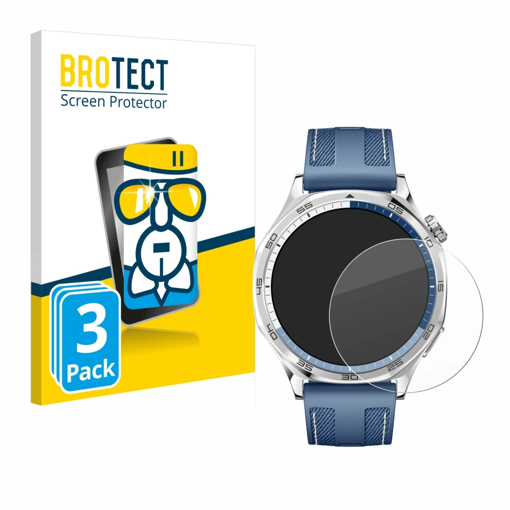 Front side of a product packaging with the brand logo BROTECT. Next to it is the device Huawei Watch GT 5 (46 mm) shown with t