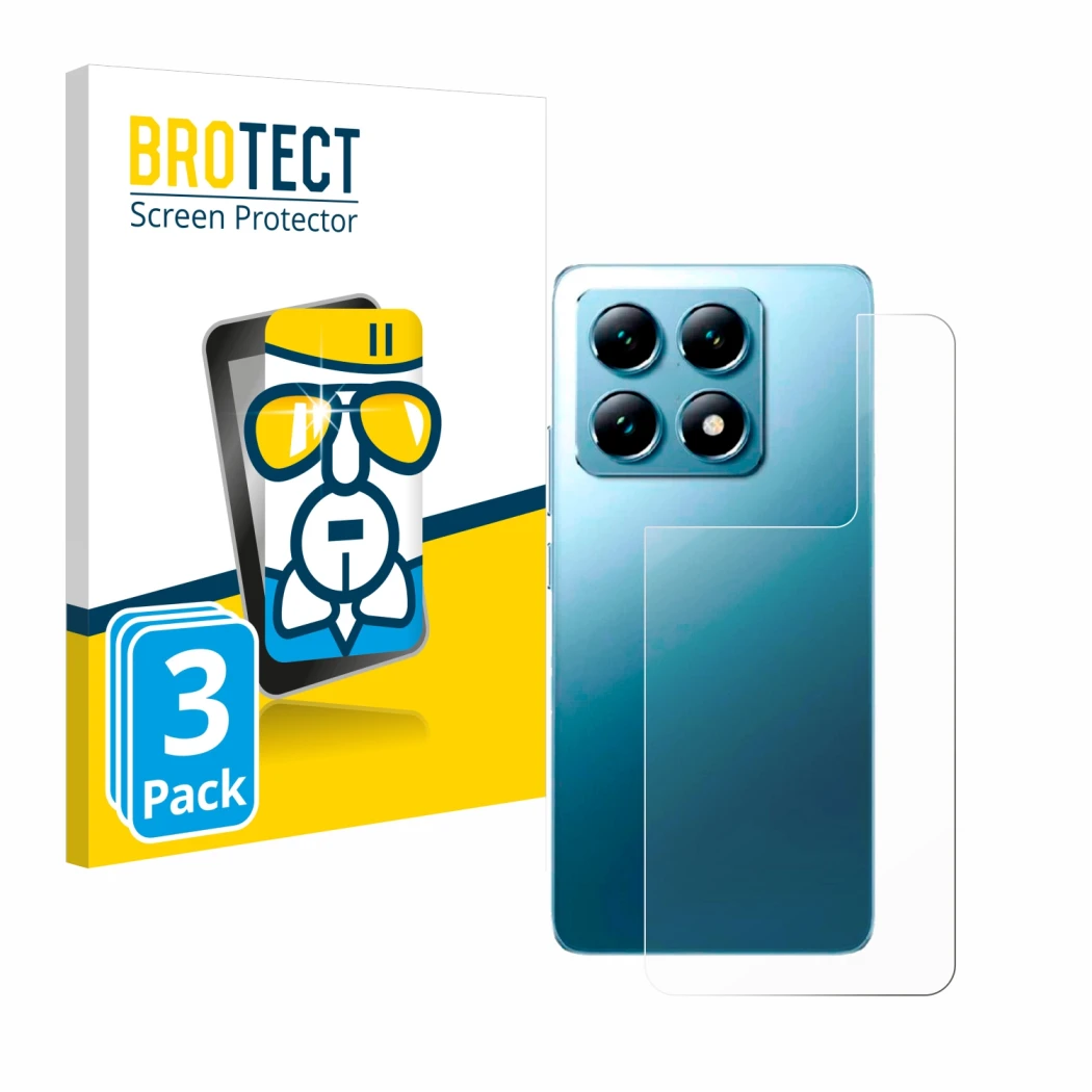 Front side of a product packaging with the brand logo BROTECT. Next to it is the device Xiaomi 14T (Back) shown with the corre