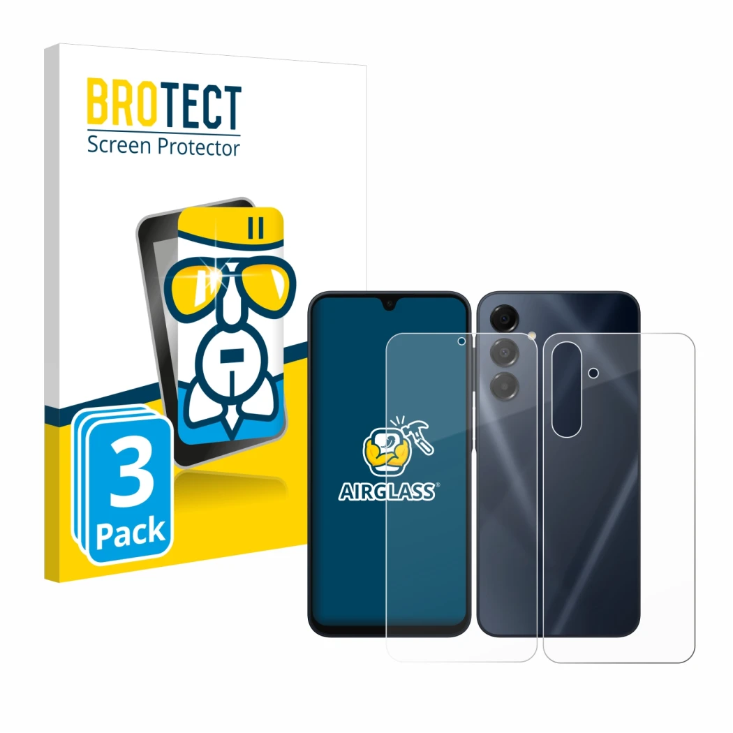 Front side of a product packaging with the brand logo BROTECT. Next to it is the device Samsung Galaxy A16 5G (Front+Back) sho