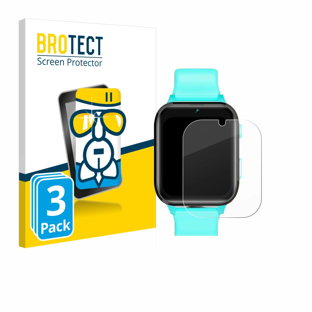 Front side of a product packaging with the brand logo BROTECT. Next to it is the device Clleylise Kids Smartwatch 1.7